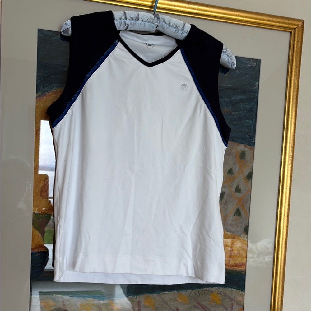 Sleeveless Athletic Tank Top in White with Navy Accents